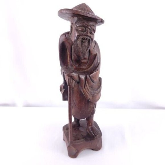 Genuine Camphor Wood Hand Carved In Taiwan Smiling Asian Man Statue 12" - Picture 1 of 7